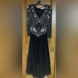 Silk Silver Gray Embellished Pleated Long Sleeve Gown